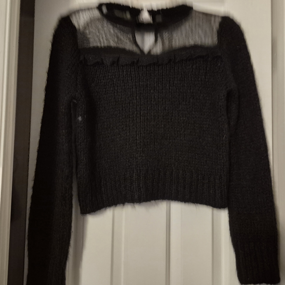 Zara Black Crew Neck Sweater with Sheer Mesh Detail